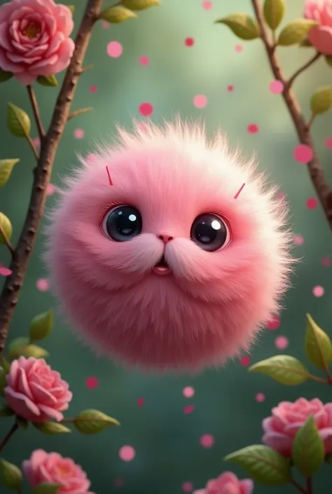  Pink hairy sphere with cute eyes and fluffy furry mouth without nose without arms and legs,flying hairy pink sphere with leaves and branches with confetti roses in the forest with green leaves and brown branches small black eyes realistic art