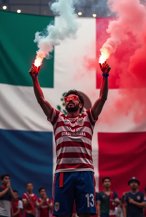 Flag of the Dominican Republic in the background and on top of it a fan of Chivas de Guadalajara barra brava with Mexican flags and flare