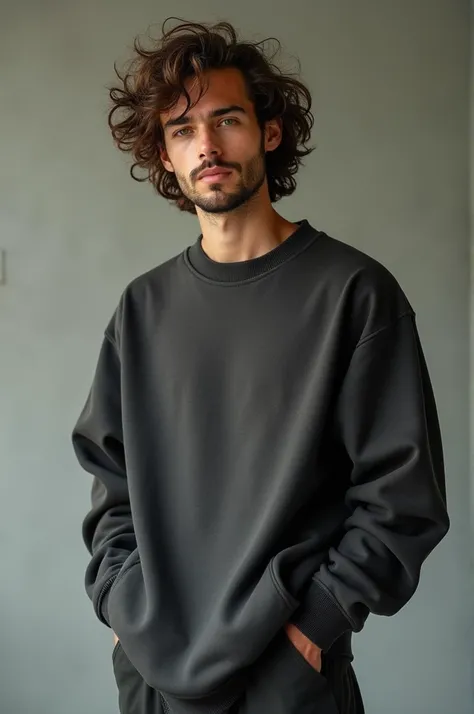  A man 
Handsome 
21 years 
Height 1 , 80 m
Dark brown curly hair with light highlights adding a modern touch to her look 
Intense green eyes 
Well-defined jaw 
A light beard 
Comfortable clothes/ urban sweatshirt and wide pants .
