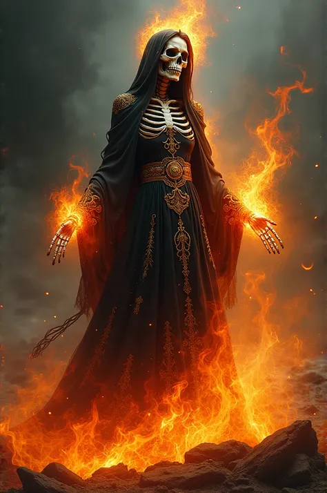 Create a realistic image of the Holy Death wearing a burning dress