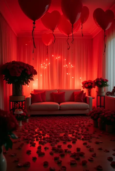  In a room decorated with red transparent heart-shaped balloons, bright lights, with the floor covered by rose petals forming a carpet of petals  ,  several bouquets of large roses scattered around the room  , The dark ambience at night transmits cozy roma...