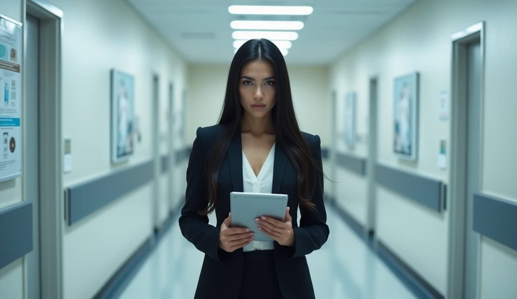 A hyper-realistic image of a stunning 30-year-old woman with a serious expression, standing in a hospital corridor. She has long, sleek black hair, wearing an elegant business suit with a fitted blazer, and holding a tablet. The corridor features clean whi...