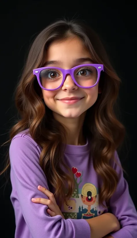 create a full body image, of A photo of a beautiful long brown wavy haired smiling 30 years old girl with brown eyes wearing purple glasses with half slanted eyes with a Disney Pixar Cartoon poster, she looking camera or curious, with a well-lit and engagi...