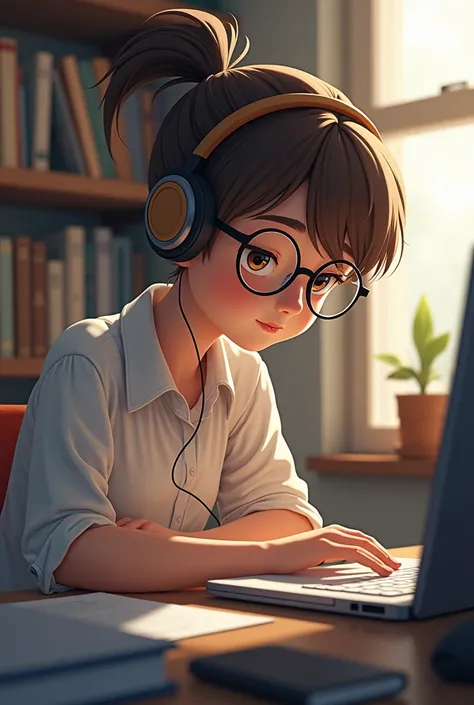 Male, brown hair, ponytail, Glasses, brown eyes, Headphones, studying on a desk, Side profile