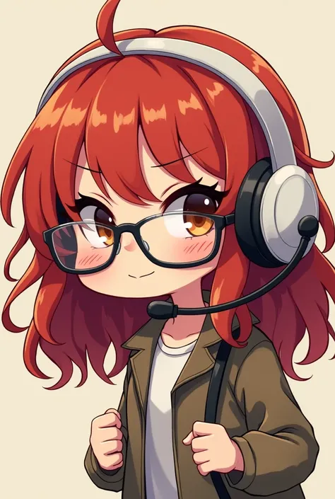 1girl, red wavy hair, brown eyes, white gaming headset, wears glasses, chibi, highly detailed, slanted eyes, stern look, slight smile
