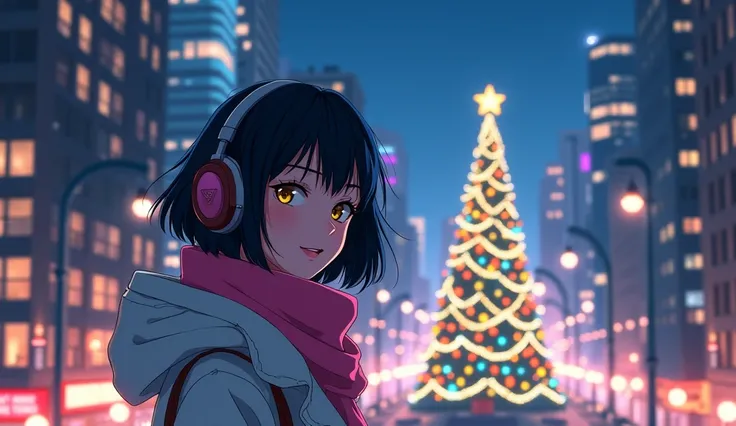 A stylish and cute woman with short black hair, wearing oversized headphones and a White coat and pinkmuffler, standing on a big city, overlooking a  fantastic night and Christmas tree , , warm and tranquil atmosphere, anime-inspired style, cinematic compo...