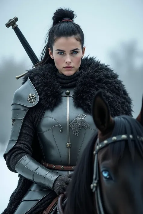 A strong and terrifying medieval warrior ,muscular, riding her black black horse ,With a hard and serious look , white skin , green eyes, black-haired with a part attached to a bun , wearing magnificent iron armor with a small wolf badge from the house Sta...