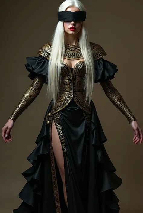  A realistic photo of the whole body from head to foot must include the entire costume， A young Russian woman standing ，190 cm high ， big  but thin waist ，Pure white hair ，Very long hair ， Covering her eyes with black silk ， latex gown originated by the Eg...