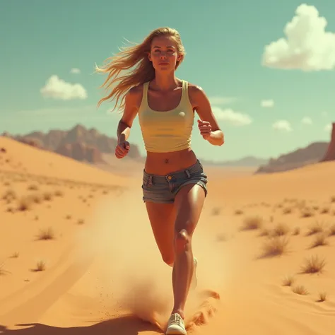 
a woman in a tank top running through a desert, inspired by Eva Frankfurther, tumblr, solo female character, wanda maximoff, jaina solo, adam hughes, dinah drake, kate bishop, female doc savage, martin ansin, amanda clarke, realistc art, 4k, live action, ...