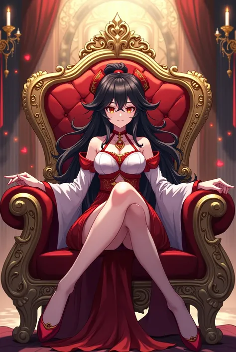 Hu Tao anime-style image of (genshin impact) sitting on a royal throne 