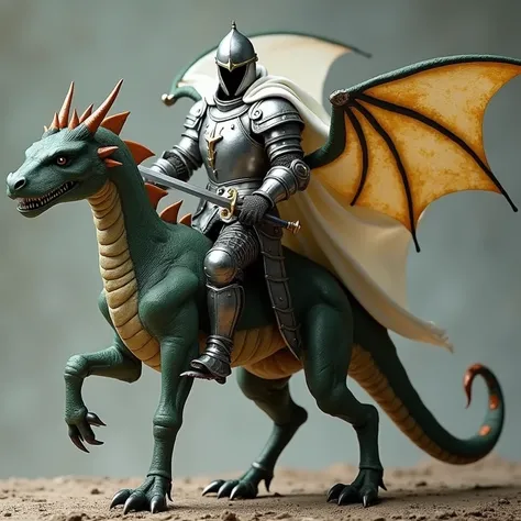 Realistic representation of the knight chess with anthropomorphic features and armed with a sword and medieval armor, heroic pose, riding a young dragon with mammalian features and a damaged white cape