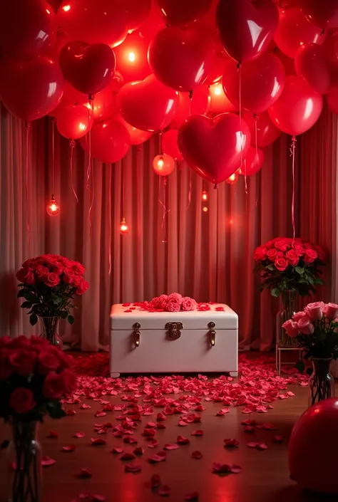  In a room decorated with red transparent heart-shaped balloons ,bright lights, with the floor covered by rose petals forming a carpet of petals , several bouquets of large roses scattered around the room to a chic white chest centered in the middle,The da...