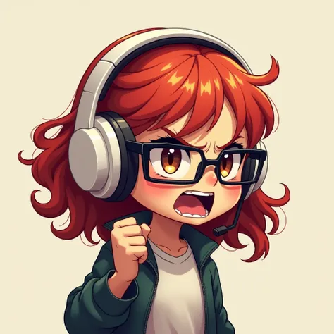 1girl, red wavy hair, brown eyes, white gaming headset, wears glasses, chibi, highly detailed, slanted eyes, stern look, angry, shouting with open mouth, hand clenched into fist, straight profile
