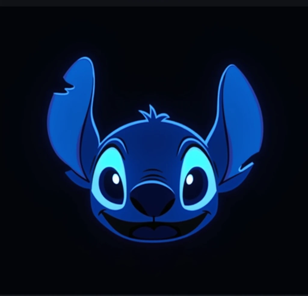 Make me a neon blue silhouette of Stichs face from the series Lilo and Stich on a black background that looks cute 