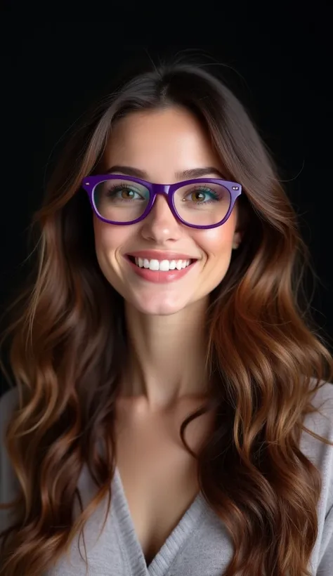 create a image of a news reporter with beautiful long brown wavy haired smiling 35 years old girl with brown eyes wearing purple glasses with half slanted eyes, she looking camera or curious, with a well-lit and engaging expression. background must be blac...