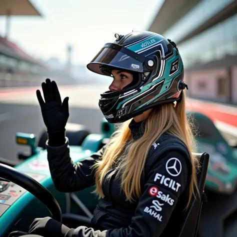 Girl wearing a MERCEDES Formula 1 helmet with long silky blonde hair Sitting driving a visible Formula 1 single-seater car from the MERCEDES team,  wearing a jumpsuit black MERCEDES F1 suit in profile greeting with a hand with a Formula 1 glove , In the ba...