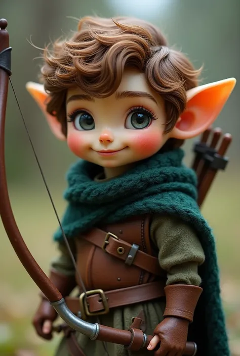 A small creature with short brown wavy hair, slightly beige skin and grey eyes. A round smiling face with rosy cheeks and a turned-up nose.
Dressed in leather armor and a dark green woolen cloak with a hood on the back, a quiver and a long bow almost as bi...