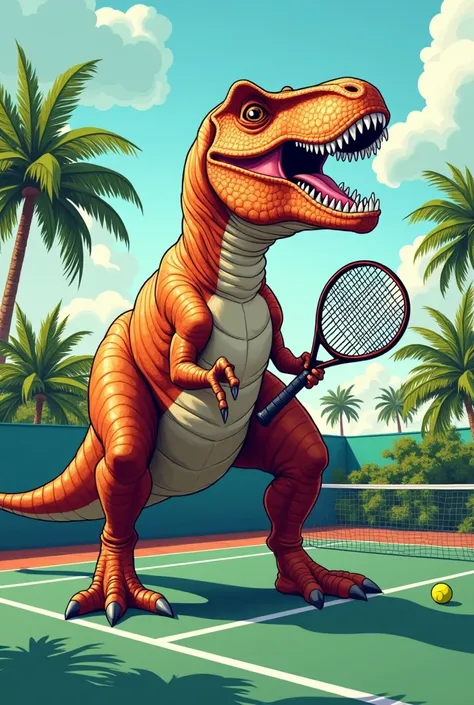 Drawing of a T-rex playing padel
