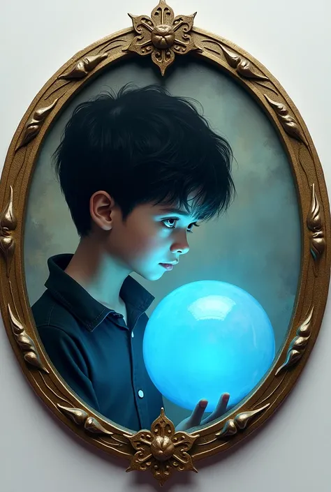 A disc with the image of a black-haired boy watching a bright blue ball 