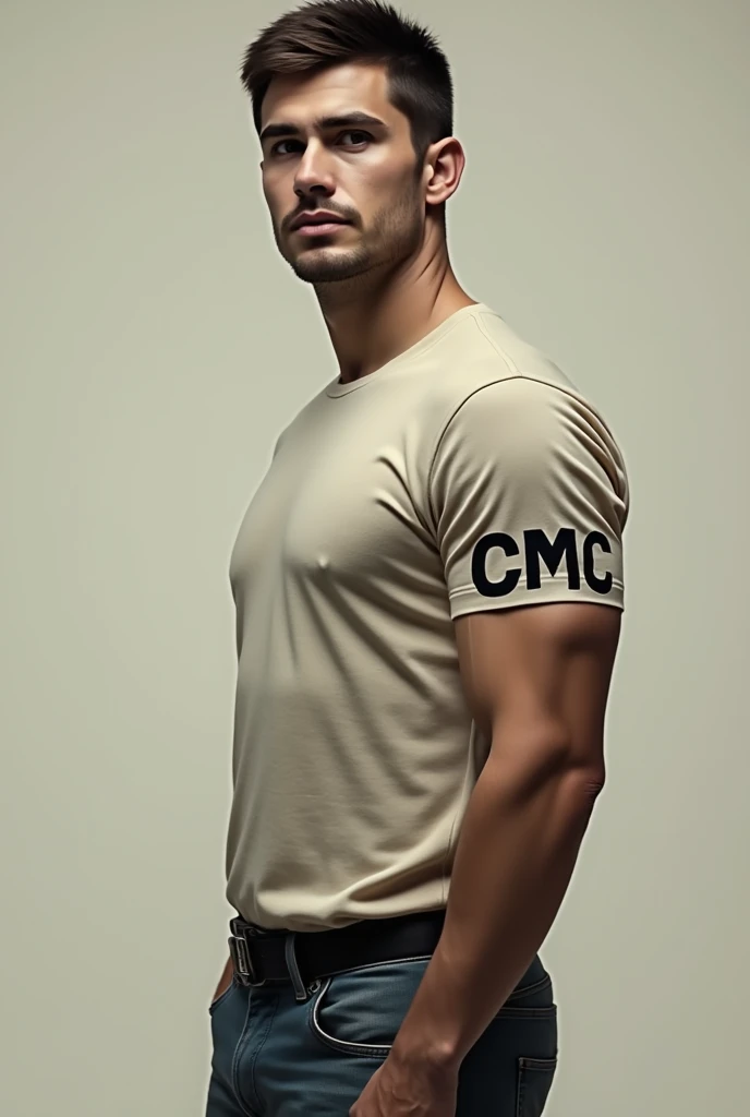 A man with CMC written on his arm, but this man is not very muscular