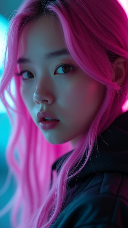 Close-up of waist to head :
 A beautiful young Korean woman .
pink hair color, neon, long to the waist, fluttering.
Lilac-colored eyes, expressive, obfuscating, bioluminescentes, neon.
 stormtrups helmet-shaped black hooded jacket (StarWars), Written: "@AI...