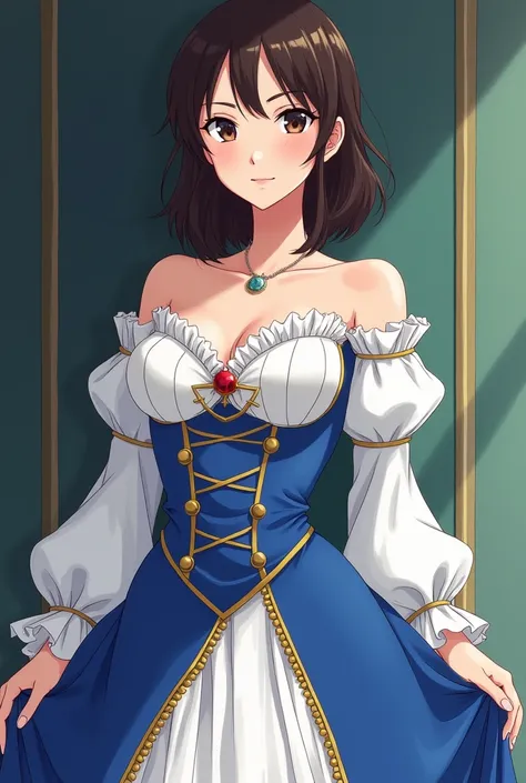  Anime-style animation one piece toei animation,  attractive woman with beautiful mature body with large hips , pretty waist and BIG BREASTS  ,linda ,with semi-short dark brown hair very beautiful , 30-year-old fair skin ,  dressed in a beautiful Victorian...