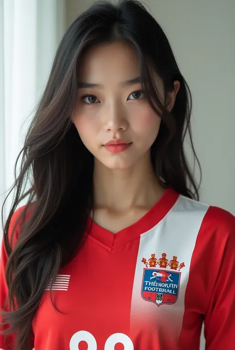 
 Asian women have clear white skin, straight to the viewer, glazed tile skin Shiny, strong abs, glowing skin, beautiful eyes, 38-inch chest size in a bright white-red print national team football shirt dress with graphic print. "thailand 88 ",  dress,  in...