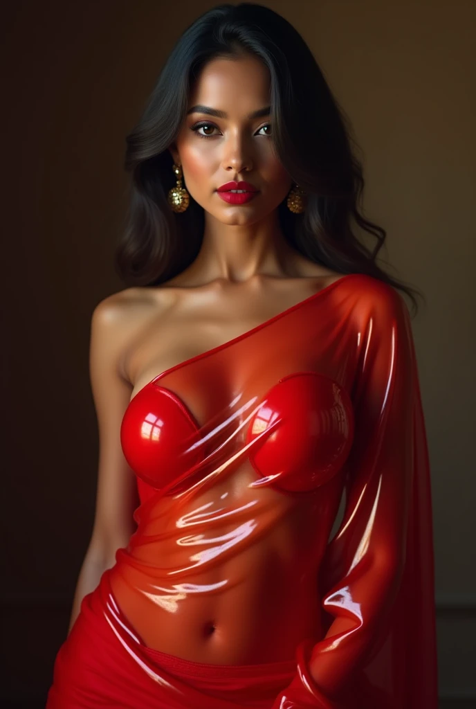 indian women wearing a red transparent latex saree. midriff is visible.