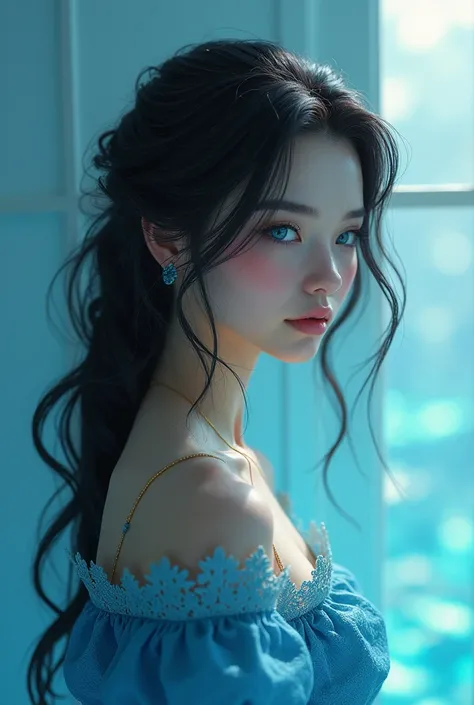 • Complexion : Caucasian,  with a clear tone that stands out under the light .
• Eyes:  slanted and a deep sky blue ,  as if they contained the reflection of the ocean .
• Hair:  dark brown ,  with hidden tufts underneath and on the back dyed blue,  evokin...