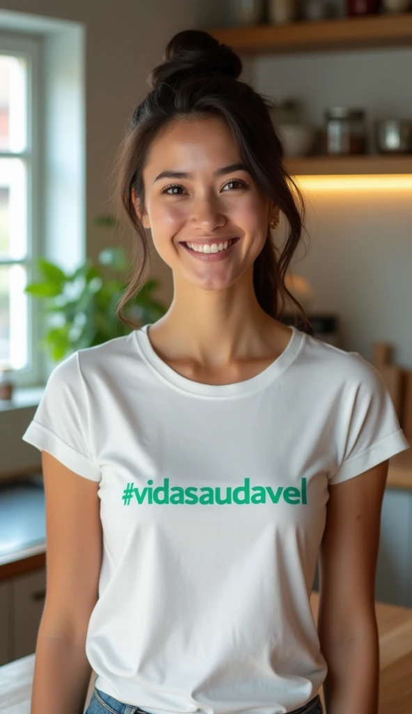  A confident and friendly young woman ,  with a welcoming smile ,  Looking directly into the camera ,  wearing a fitted t-shirt with the  *@vidasaudavel * in light green and light blue .  The setting is a modern and cozy kitchen ,  with natural light strea...