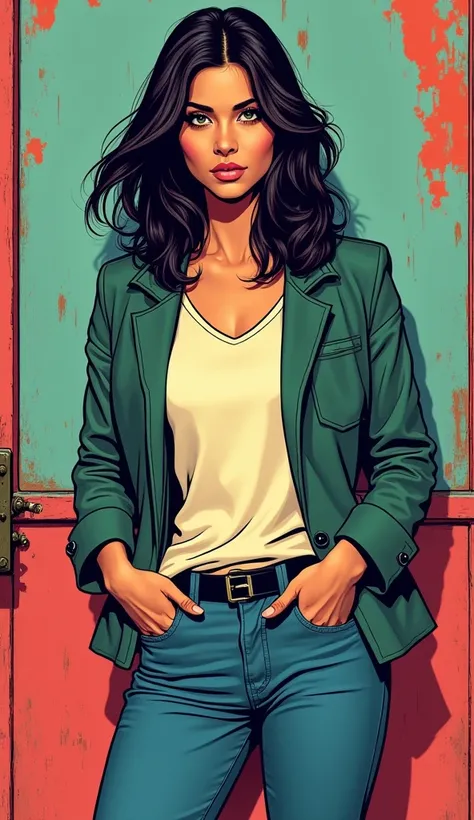 DISCREET image. with discreet casual clothes. image adult woman, american, comic book style. with a neutral face. IMAGES WITH VIBRANT COLORS.