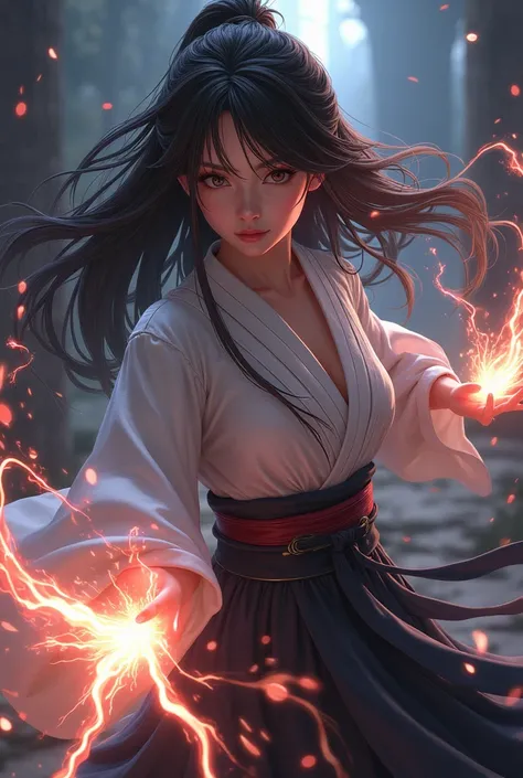 Woman with long brown hair. With anime-style blade powers 