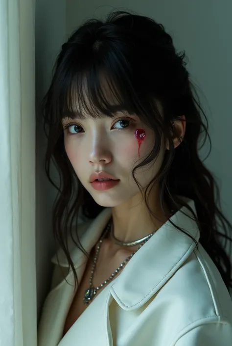 masterpiece, highres, screen shot, best quality, 1girl, (scar on left eye), white cropped jacket, highly detailed, rule of thirds, jewelry, long hair, bangs, hair between eyes