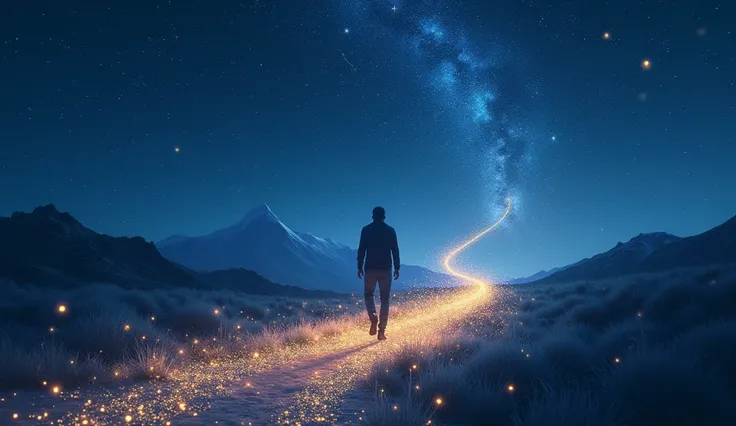 Perspective: Wide shot, inspirational framing.
Subject: A person walking along a glowing path of stardust under a night sky filled with zodiac constellations, including Scorpio.
Medium: Digital painting, semi-realistic style.
Style: Magical and serene, wit...