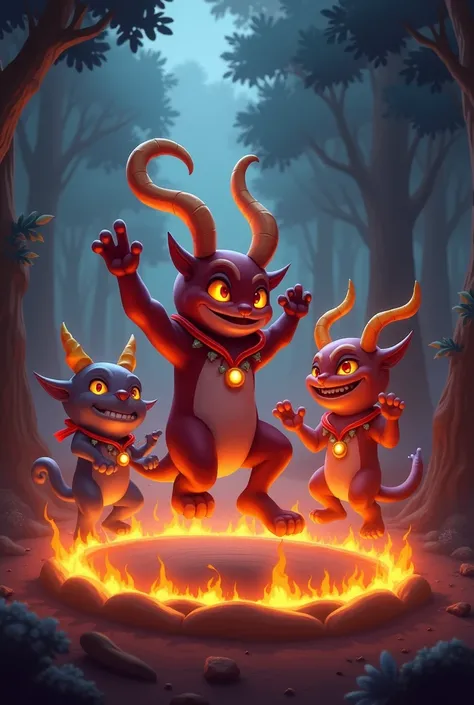 I will create a 2D artwork with a fun "carnival of chaos" theme, showing playful characters doing tricks in a fiery setting. The background will be a dark forest, and the characters will have bright, premium colors with glowing horns and cool accessories. ...