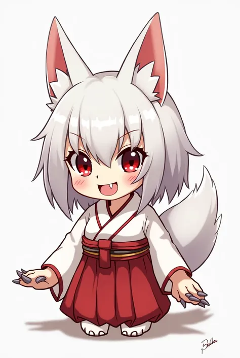  Create me a small character with white hair ,  red fox eyes ,  fangs a sly smile , claws,  kitsune ears with a white and red kilono, In the style of kny 