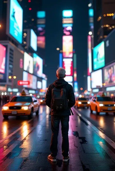 a middle-aged tourist in the middle of a busy new york city street at night, standing under the illumination of neon signs and street lights, looking around in awe, detailed facial features, photorealistic, cinematic lighting, dramatic shadows, moody and a...