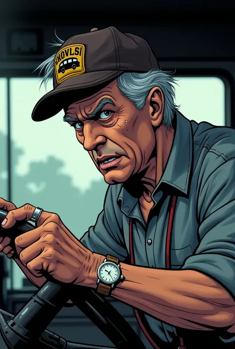 comic style Close-up of a school bus driver gripping the steering wheel. The drivers face is tense, with beads of sweat glistening on his furrowed brow. His eyes are darting nervously toward the rearview mirror, but he avoids fully turning his head. His kn...