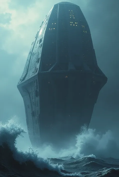  Dark giant alien ship coming out of the ocean, Pacific ocean theme  