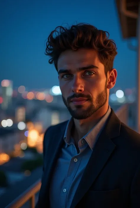 Un Hombre 
30 years 
Height 1 , 80 m
Short curly dark brown hair 
Intense green eyes 
Well-defined jaw 
A light beard 
Business casual clothing
Self-portrait. Enchanting night panorama 
Balcony 