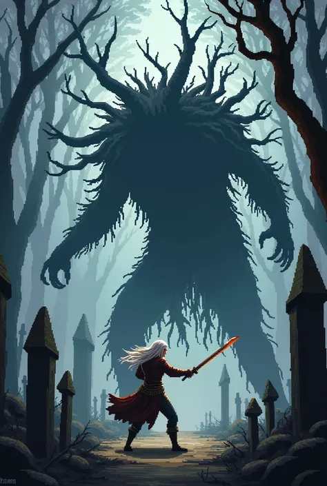 Ciri en combat dans un cimetière contre un leshen the witcher 3 pixelart 