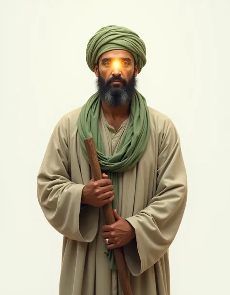 **Prompt:**  
"A humble Arabian man dressed in simple, modest robes and a plain green turban. He holds a wooden staff, symbolizing a shepherds life. His face radiates a soft, divine glow, obscuring facial details, reflecting a sense of spirituality and sim...