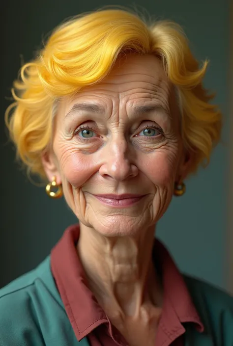 Imagine a 70-year-old lady with short yellow hair, realistic style. 