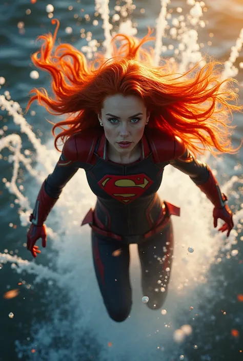 marvel cinematic universe ,( best quality),  (detailed) ,  dazzling,     Katja kisterduster , red-haired, a woman, 1 , flying ,  closeup water splashes gradient color perspective by Roger Deakins,, . superheroes, epic battles , colorful, highly detailed