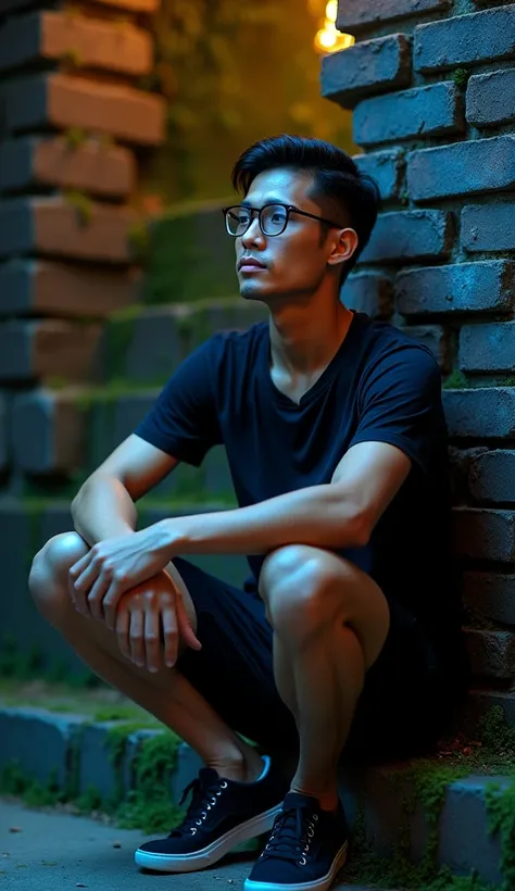 a man from indonesia,age around 30s ,wearing glasses, mature sawdust ,Thin cheeks,black hair,  tall and slim ,wearing a black t-shirt, casual shorts ,sneakers, is sitting posing cool quietly , stacked blackish-black bricks,mossy , dark background , there i...