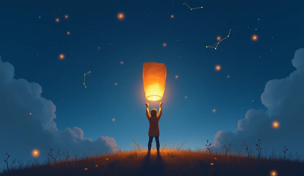 Perspective: Wide shot, celestial framing.
Subject: A person standing at a hilltop, releasing a glowing lantern into a starlit sky.
Medium: Digital painting, semi-realistic style.
Style: Poetic and magical, with deep blues and soft golden accents.
Addition...