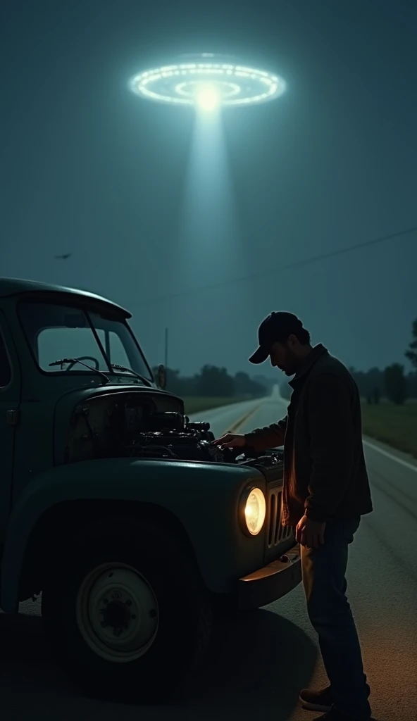 "A dark, deserted highway at night with a truck parked on the side. The trucks hood (capô) is open, and Carlos, a rugged man in his 30s, is standing in front of it, looking worried and confused. He’s wearing a worn-out jacket and a cap, peering into the en...