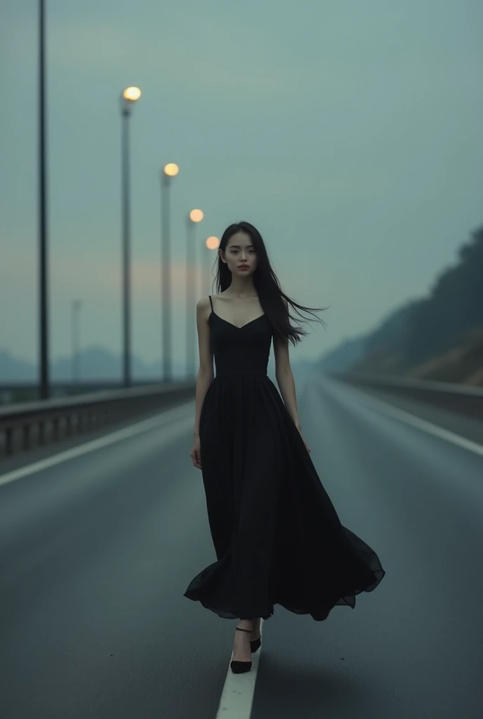 A  chinese girl ware black dress walking in higway