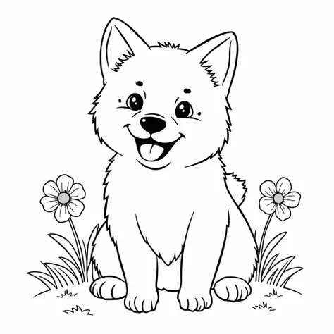 A Shiba Inu puppy with a big smile, sitting happily. The puppys body is outlined with simple, bold lines, making it easy for small s to color. Its ears are perked up, and its tail is curled to one side. The face has large, friendly eyes and a happy express...