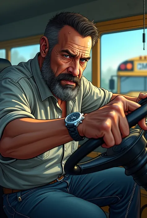 comic style Close-up of a school bus driver gripping the steering wheel. The drivers face is tense, with beads of sweat glistening on his furrowed brow. His eyes are darting nervously toward the rearview mirror, but he avoids fully turning his head. His kn...